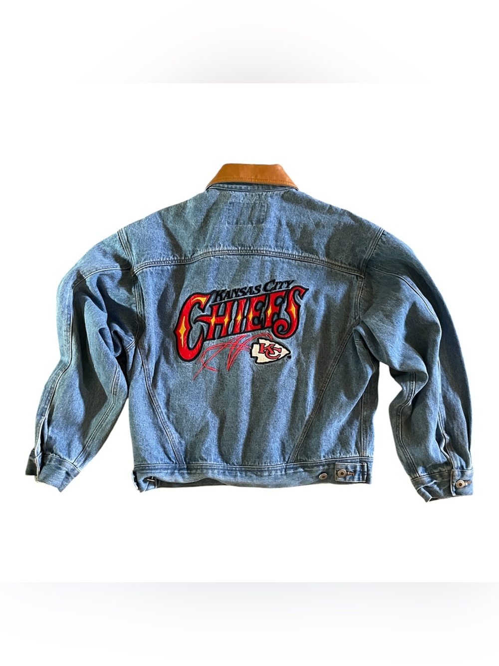 Vintage 90’s Kansas City Chiefs Embroidered Denim Jacket Leather Collar Sz M